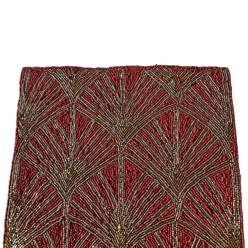 INDIA WORLD TRAVELER Hand Beaded 13x36 Table Runner Rust and Gold Fall Decor New